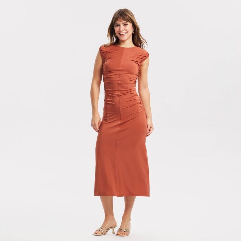 Women's Cap Sleeve Ruched Waist Midi Dress - A New Day Cinnamon L